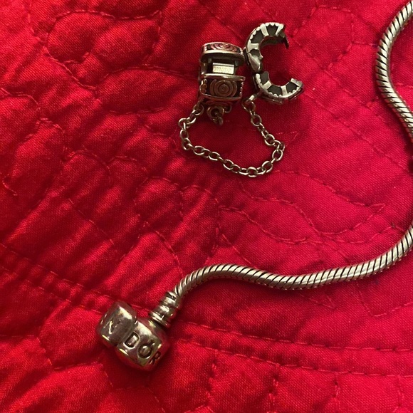 Sterling silver pandora charm bracelet with safety chain and charms - Picture 12 of 13